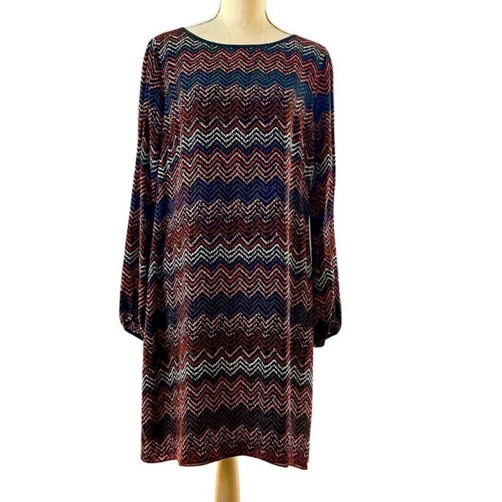 Shoshanna Silk Long Sleeve Chevron Print Shift Dress 12